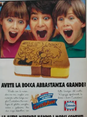 an add for cucciolone with three kids smiling eagerly at the ice cream sandwich