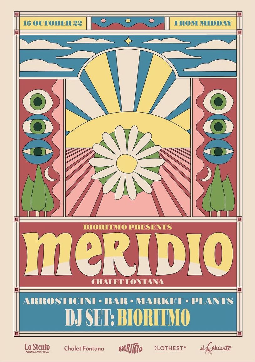 a flyer for a DJ set by bioritmo in pastel colors of pink, red, and blue adversiting