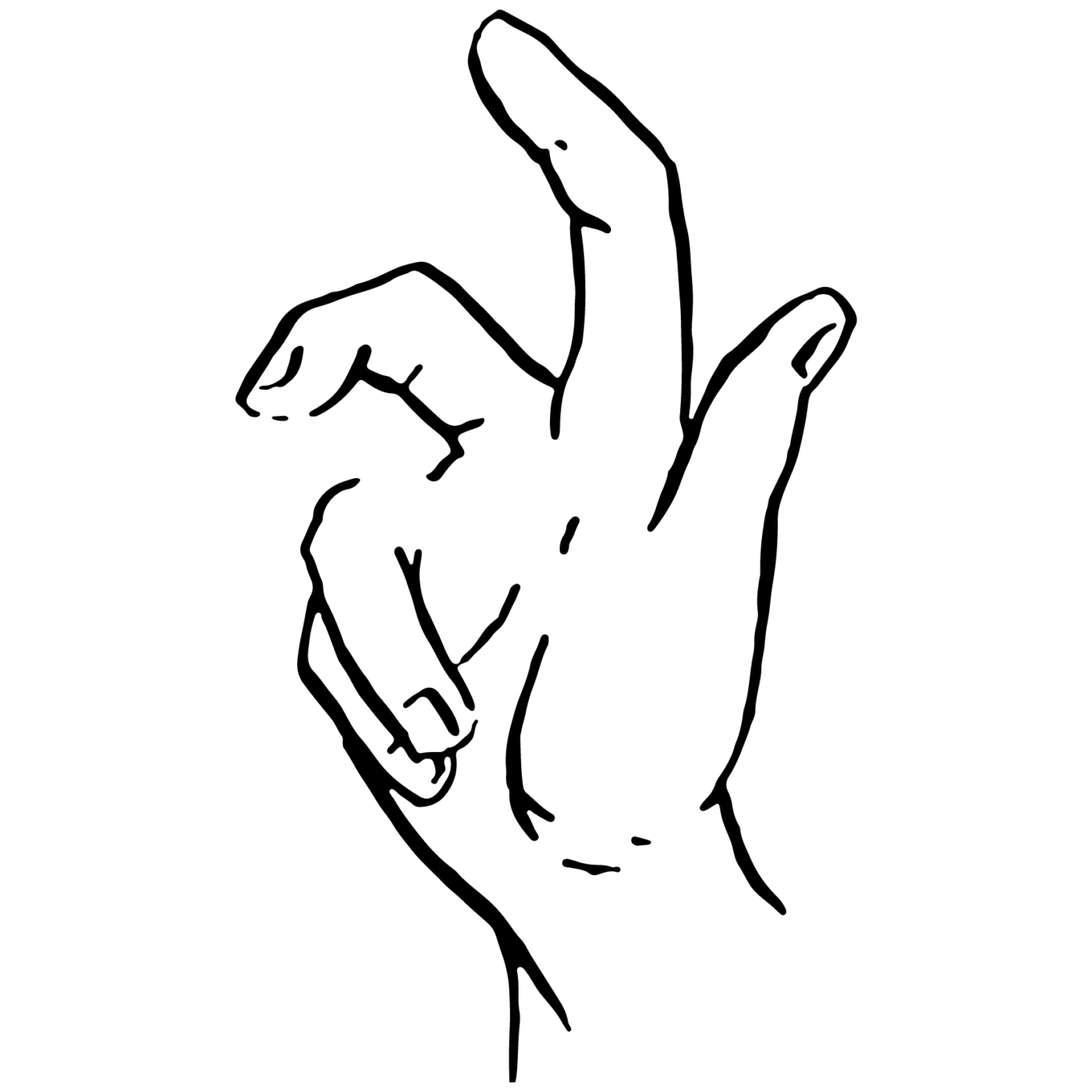 a drawing of a hand with the thumb, index, and middle fingers extended and the other folded in