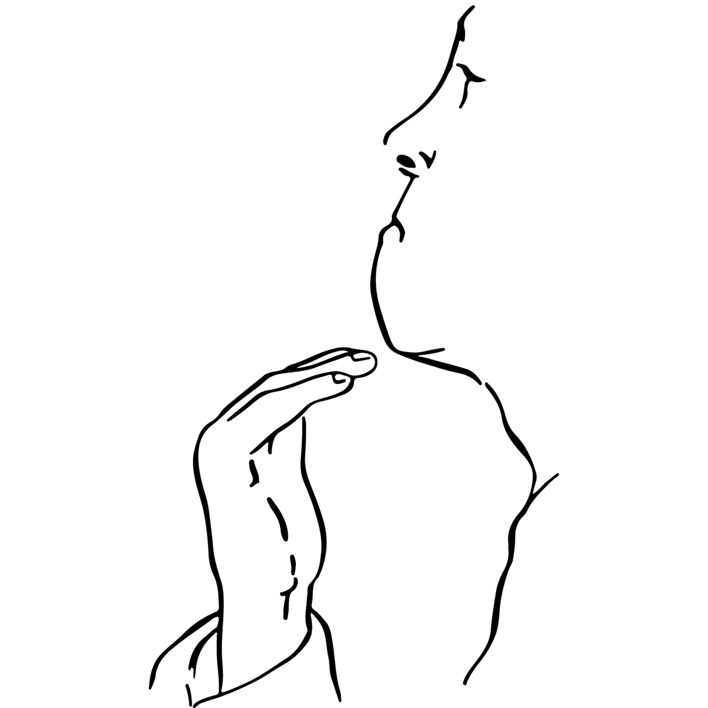 a drawing of a person with their hand underneath brushing underneath their chin