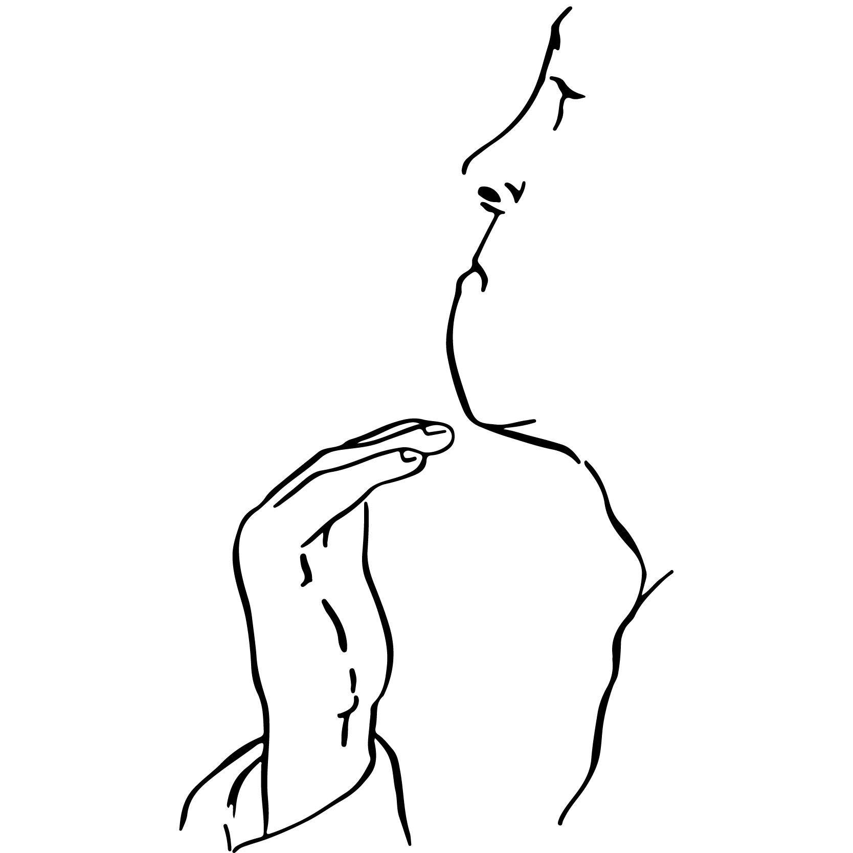 a drawing of a person with their hand underneath brushing underneath their chin