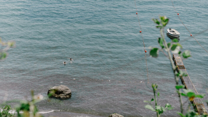 a photo of the pale blue sea taken from above and far away through bushes with a few boats and people in the water