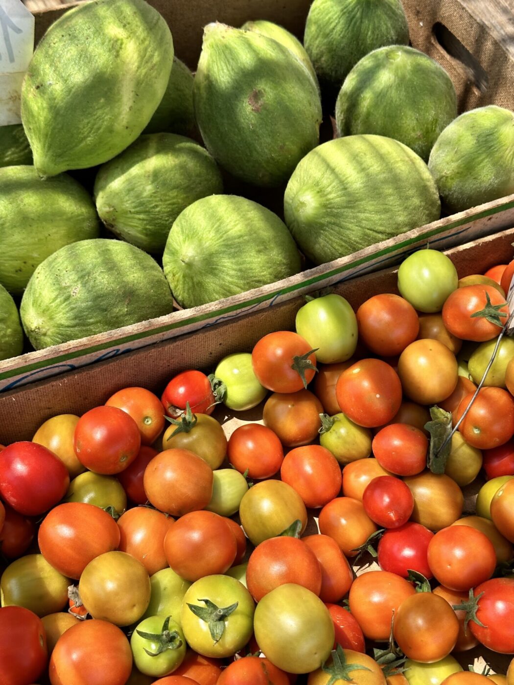 tomatoes and barattieri at the market in Puglia