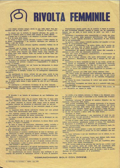 Manifesto Rivolta Femminile by the activist Carla Lonzi