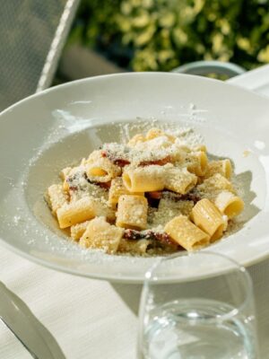 a plate of rigatoni alla gricia from trattoria da cesare