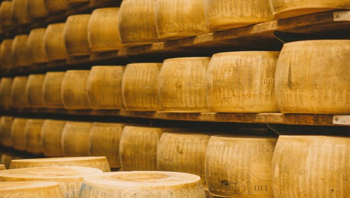 wheels of parmesan cheese stacked in the aging cellar