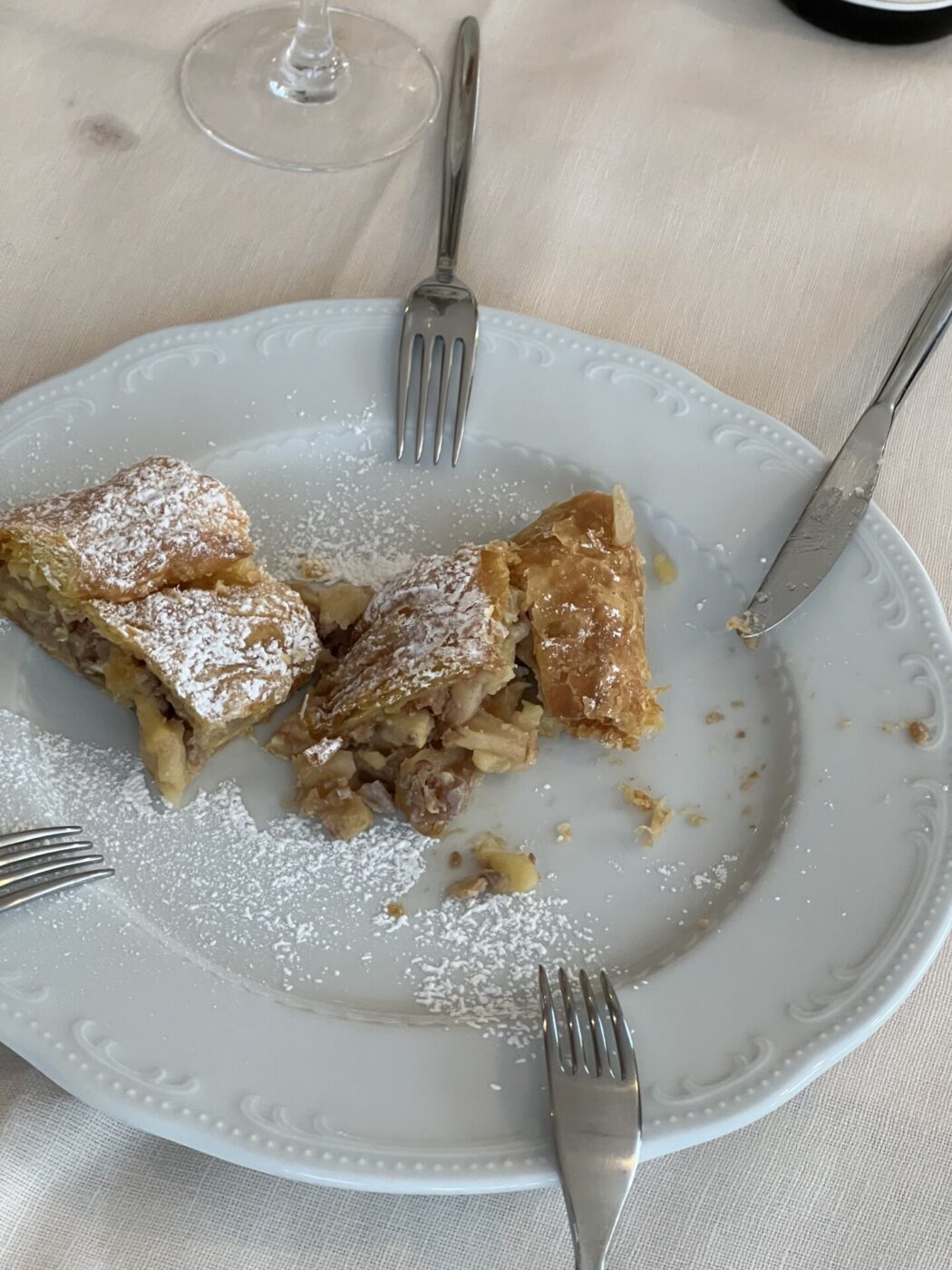 a plate with half eaten apple strucolo