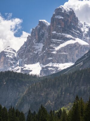 an image of a snowy peak in the dolomites surrounded by pine trees