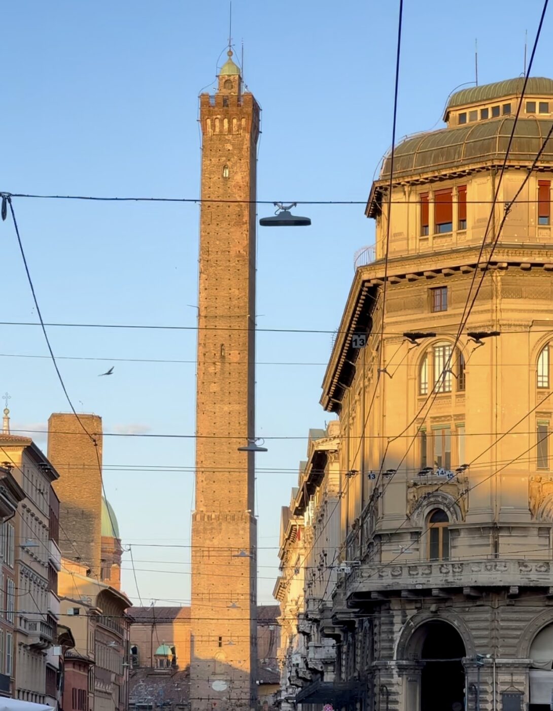 Garisenda Tower in Bologna at sunset