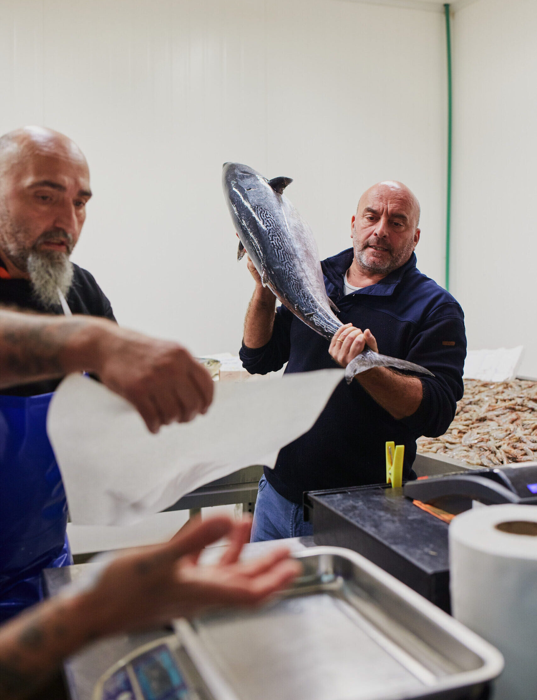 a man lifting a giant fish to place on a scale at the milan fish market