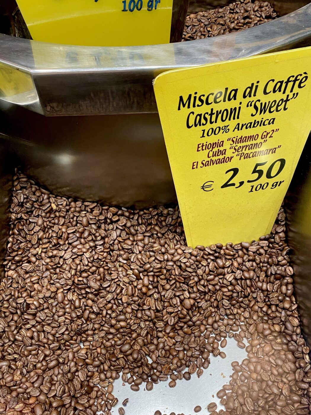 Castroni a bucket filled with coffee beans to purchase in bulk