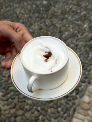 A cup of barbajada, a foamy hot chocolate drink with espresso