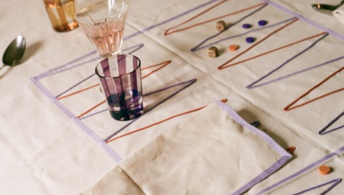 Our backgammon tablecloth made in collaboration with Le Tre Sarte–available on our online shop.