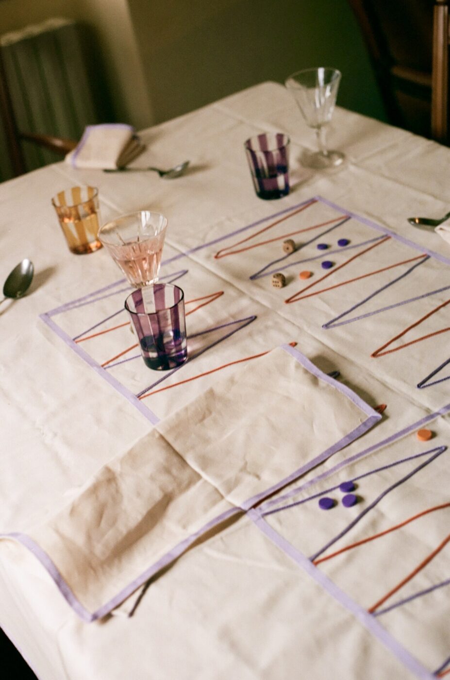 Our backgammon tablecloth made in collaboration with Le Tre Sarte–available on our online shop.