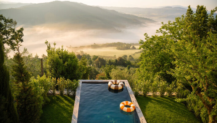 pool rings floating in the mist of the pool at La Casetta at La Segreta in Umbria