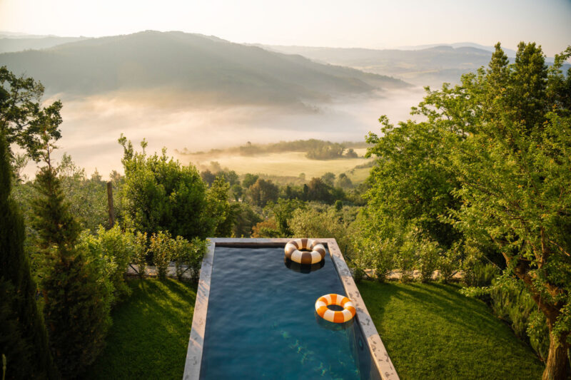 pool rings floating in the mist of the pool at La Casetta at La Segreta in Umbria