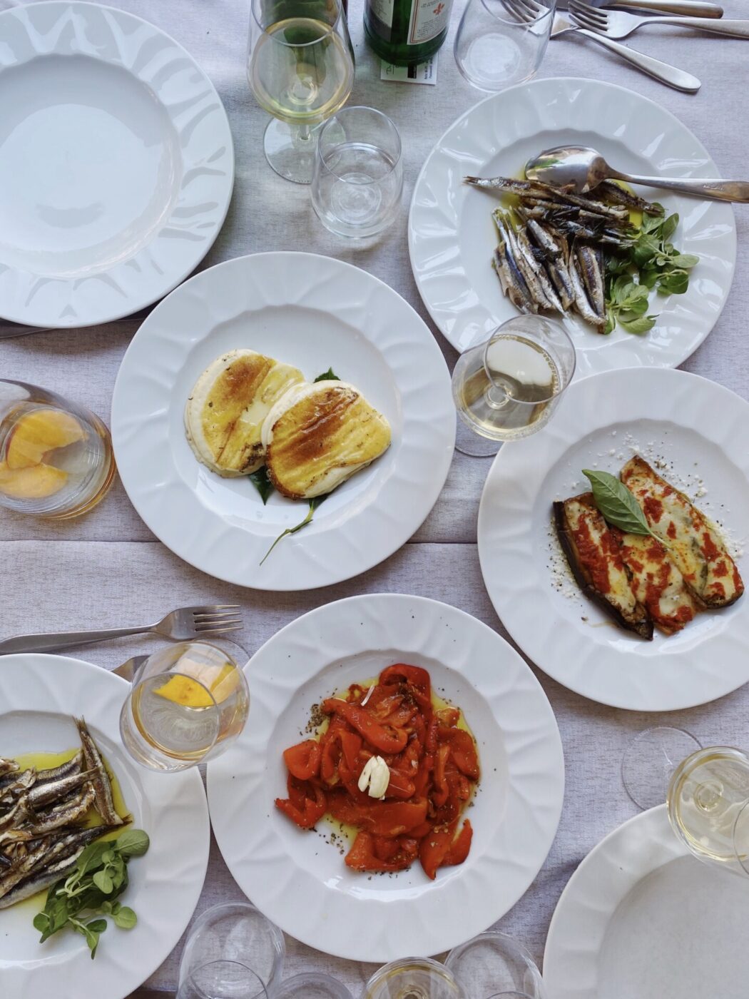 tables from above with different types of appetizers at Da Armandino