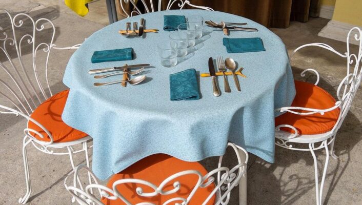 an image of tables at Meteo with orange seat cushions and light blue tablecloth