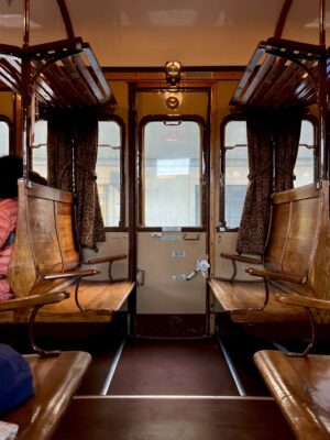 an image aboard the vintage, wooden Treno di Dante