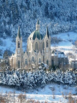 the icy Santuario di Castelpetroso that looks like a castle