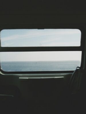 an image of the sea out of a train window
