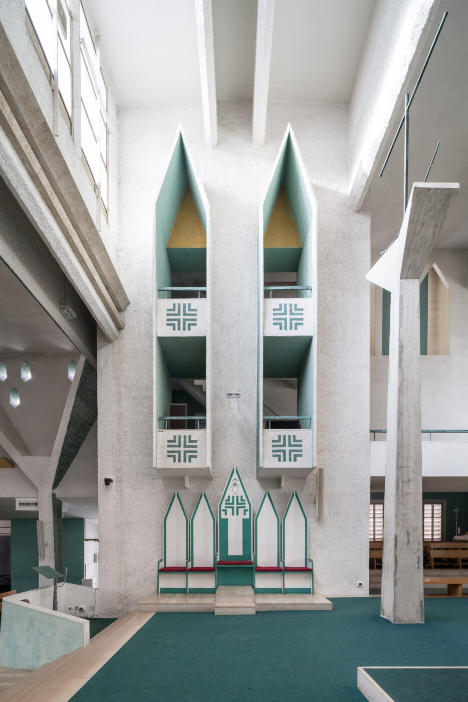 the interior of the Co-Cathedral Gran Madre di Dio with light blue colors and harsh lines