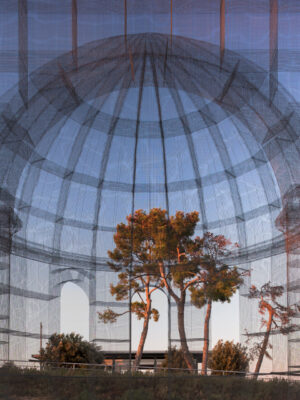 the Basilica di Siponto made of wire and mesh photographed from the inside looking out and you can see trees through it