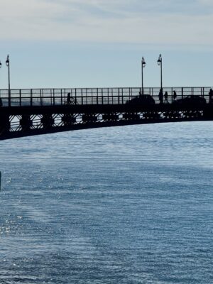 an image of a car bridge in Taranto over the sparkling blue water