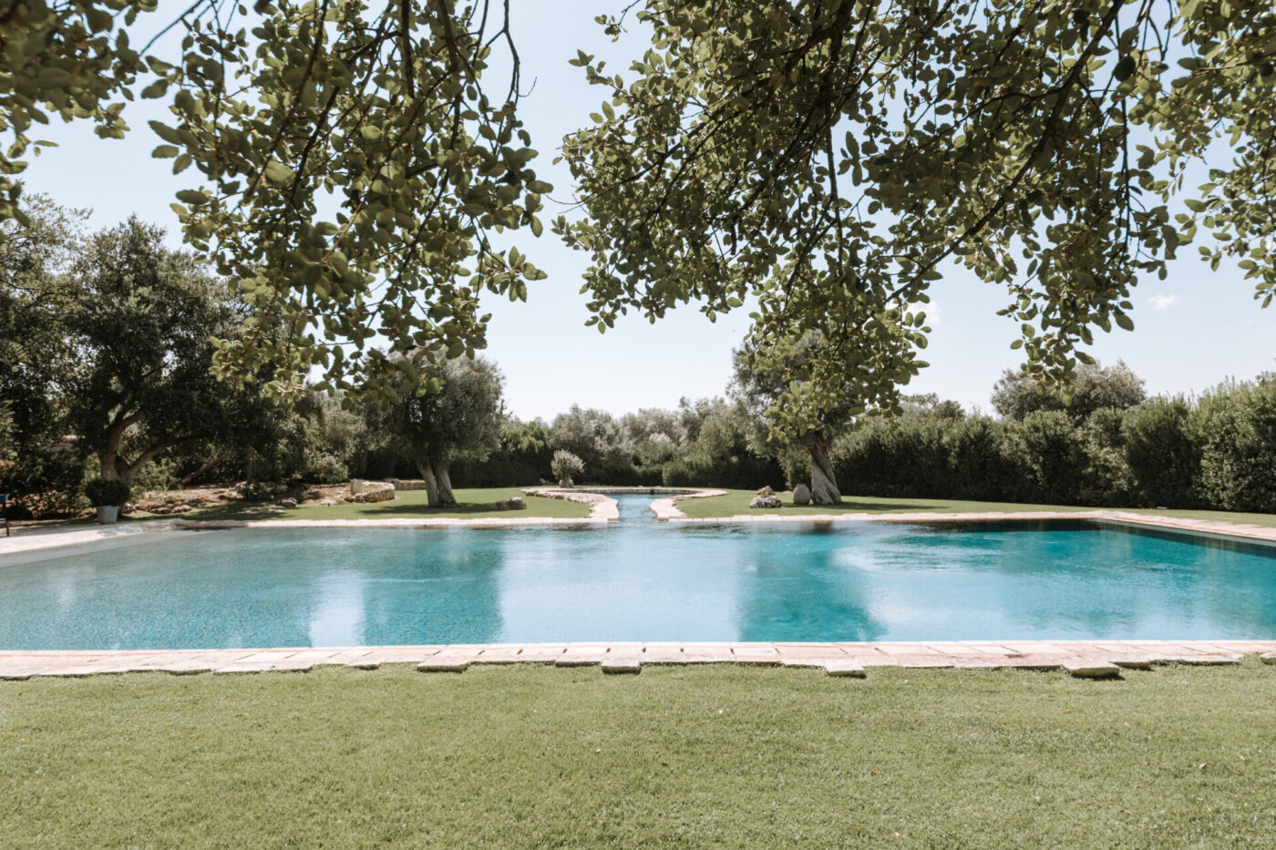the massive pool at Masseria Lamacoppa surrounded by olive trees and with a small little pool attached