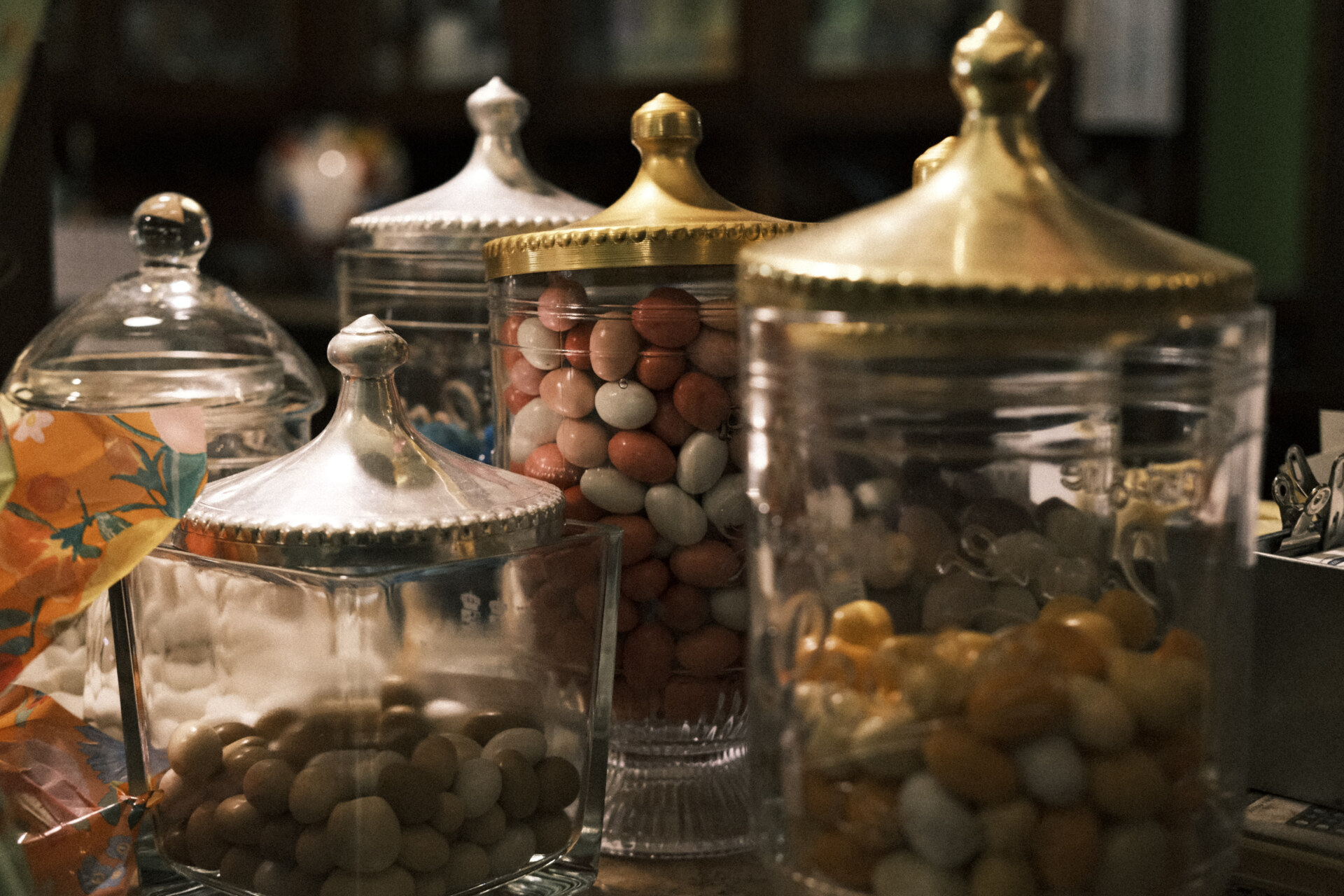 a close up of the jars of sweets at Caffè degli Svizzeri, Pontremoli