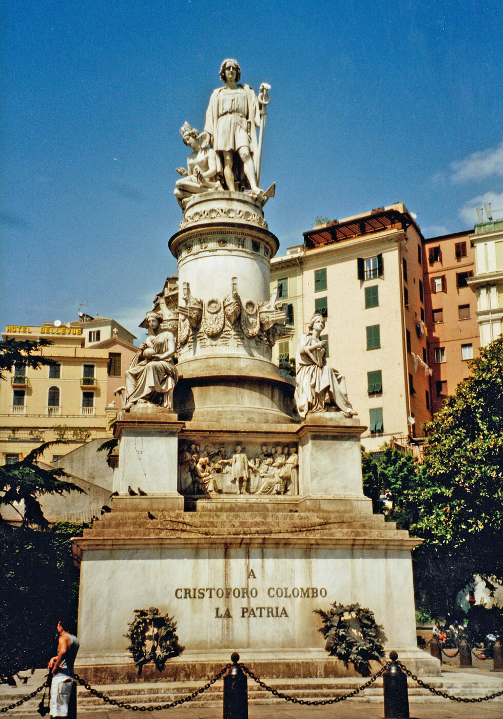 a film photo of the statue of Christopher Columbus in Genova