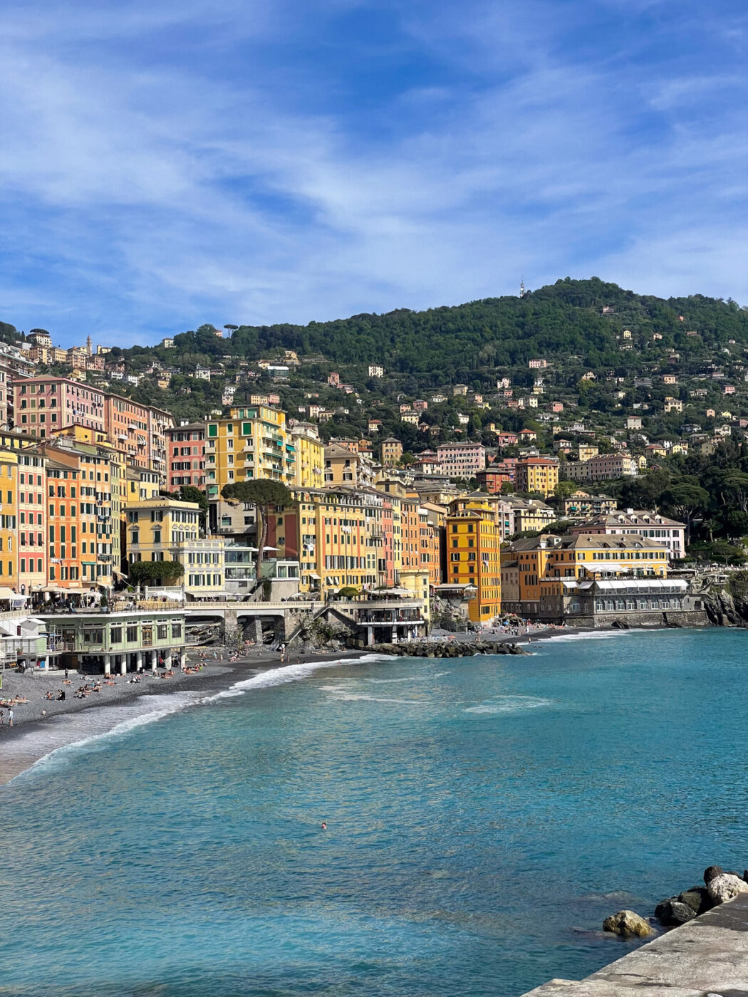 an image looking back on a town in Liguria with the clear blue water and colorful buildings stacked on top of each other