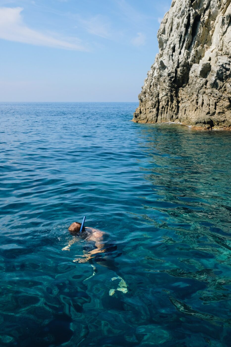 an image of someone snorkeling in the blue sea off the coast of Levanto