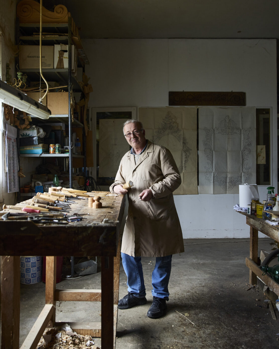 Filippo Romagnoli in his workshop crafting wooden tools