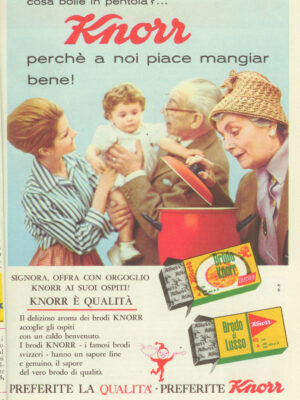 a vintage Italian ad for spaghetti o's that uses grandparents to sell the product