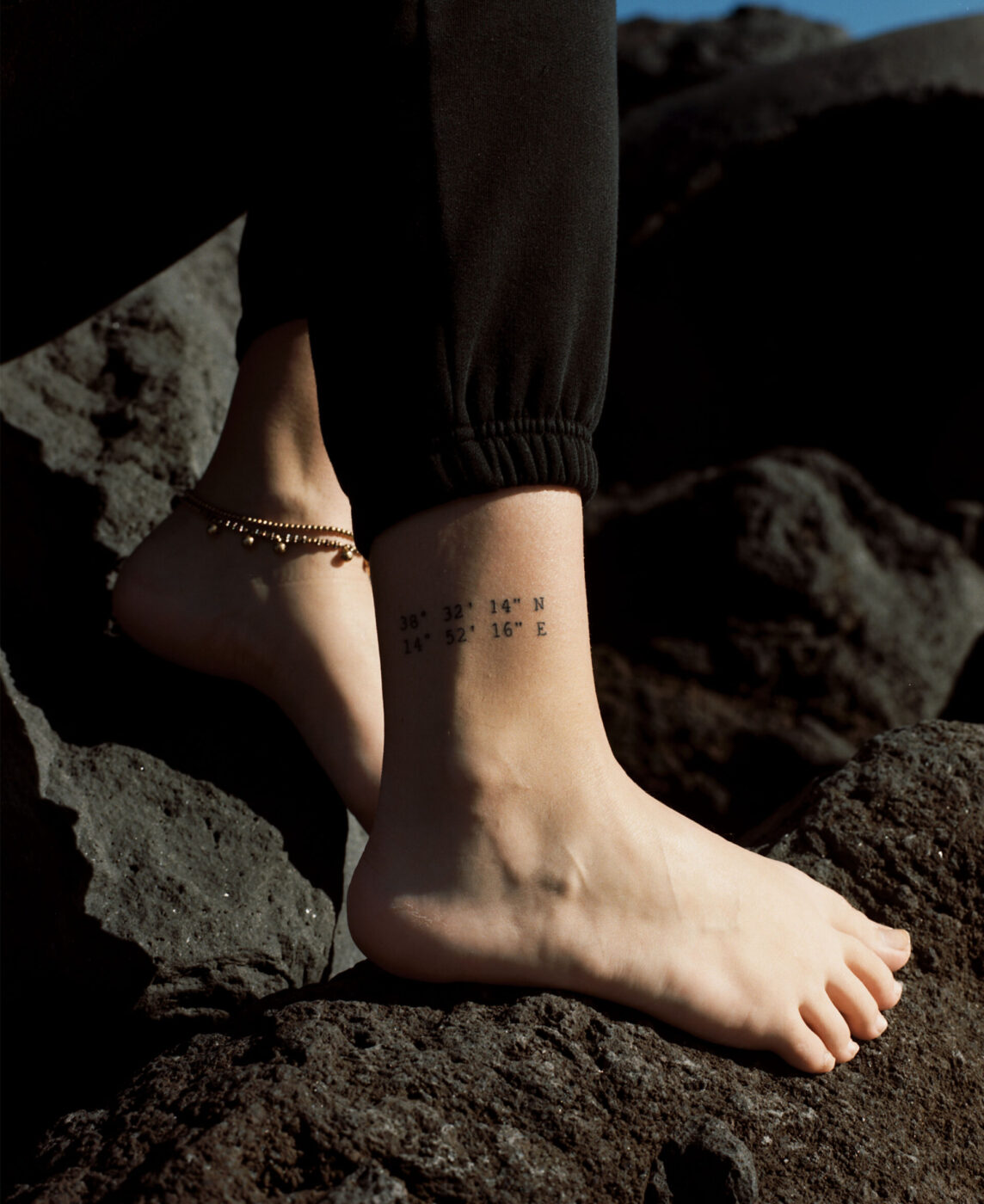an image of a tattoo on an ankle with coordinates