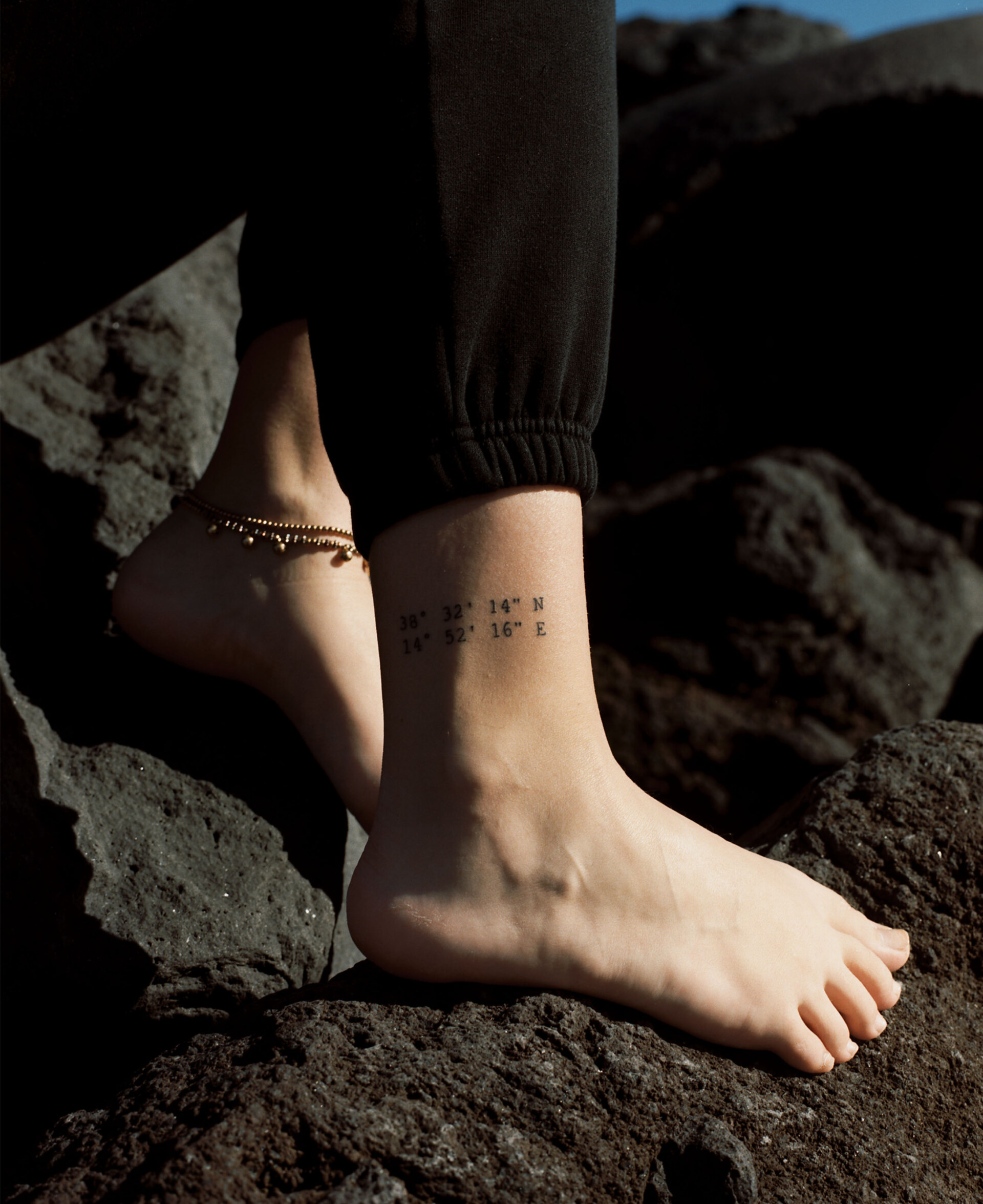 an image of a tattoo on an ankle with coordinates