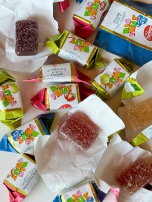 a bunch of big fruit candies