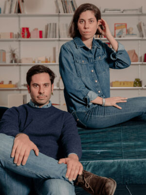 An image of Letizia and Lorenzo Palchetti Tosi sitting in shaft jeans on a couch