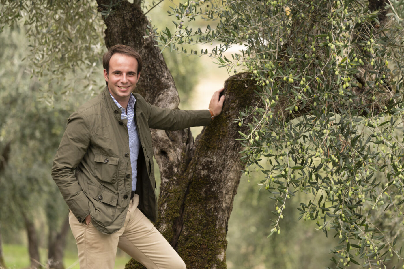 an image of a man in pants and a button up leaning against an olive tree