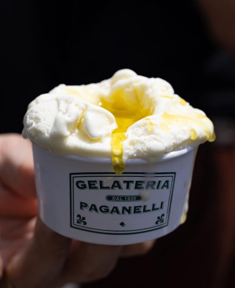 a cup of olive oil gelato from Gelateria Paganelli in Milan