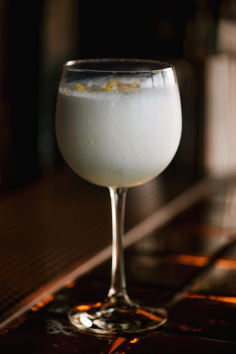 Sgroppino cocktail on the bar counter, close-up.