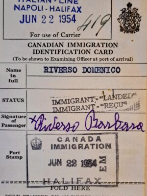 A filled-out Canadian Immigration Card for passengers of the Conte Biancamano, 1954