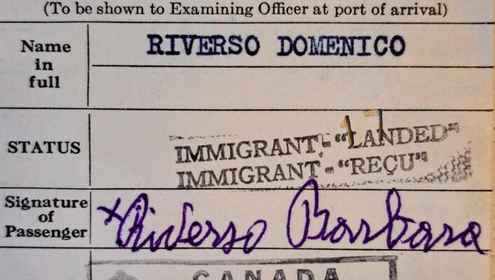 A filled-out Canadian Immigration Card for passengers of the Conte Biancamano, 1954