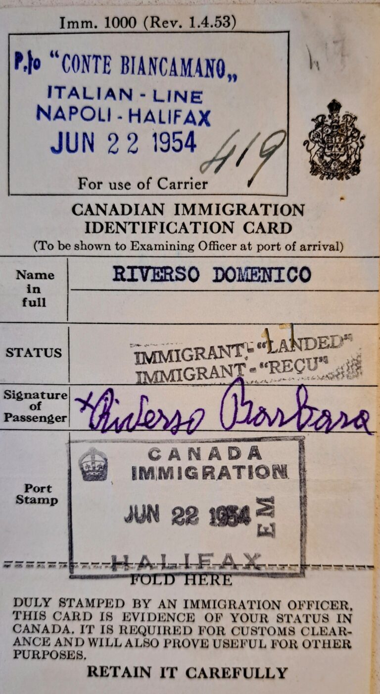 A filled-out Canadian Immigration Card for passengers of the Conte Biancamano, 1954