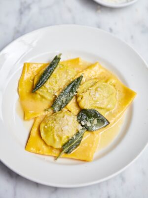 a plate of tortelli stufed with ricotta and cooked in sage and butter from Bocca di Lupo