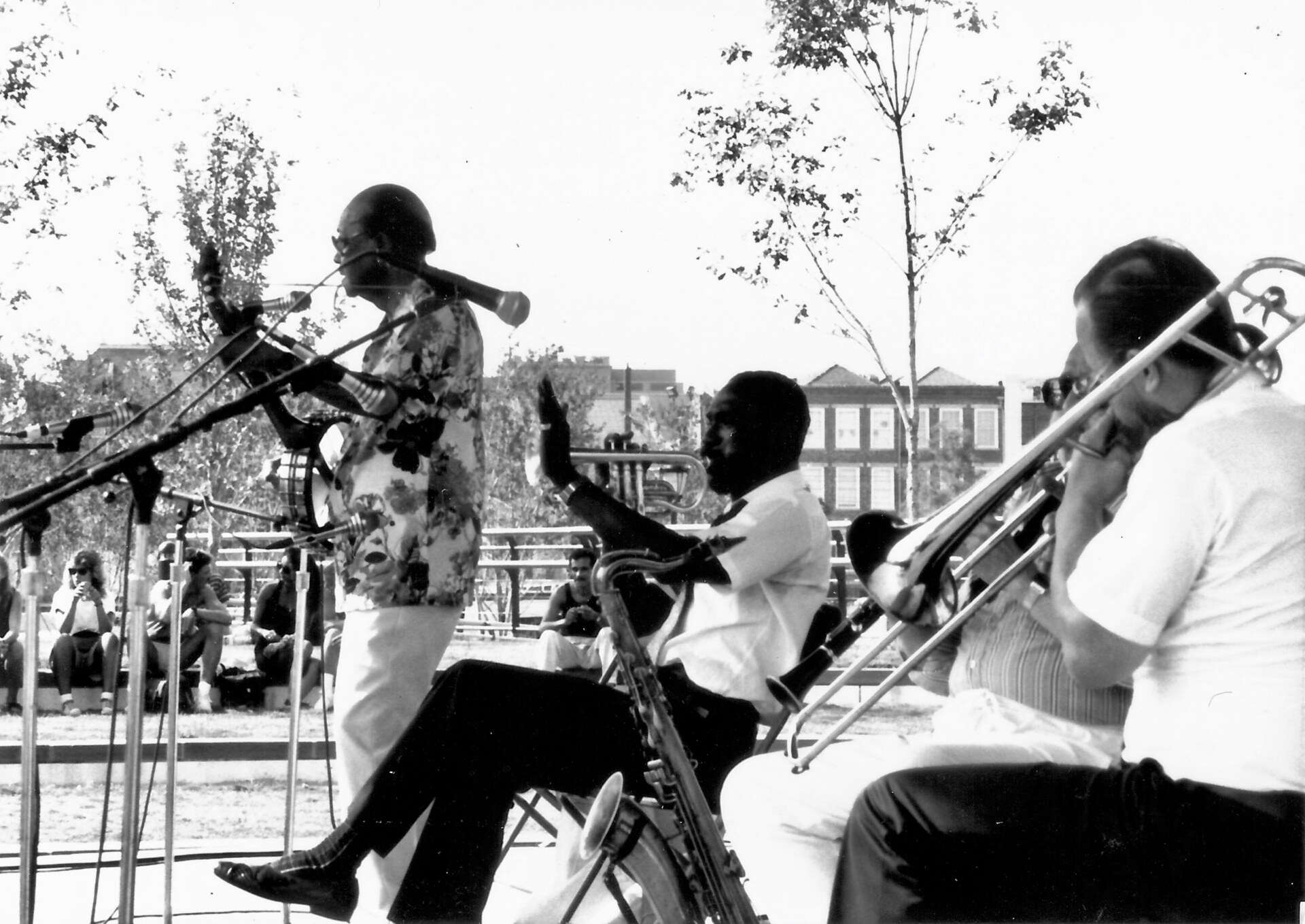 Danny Barker, banjo; Gregg Staffort, trumpet; Frank Naundorf, trombone. Louis Armstrong Classic Jazz Festival at Woldenberg Park, New Orleans, September 1990; Courtesy of By Infrogmation of New Orleans
