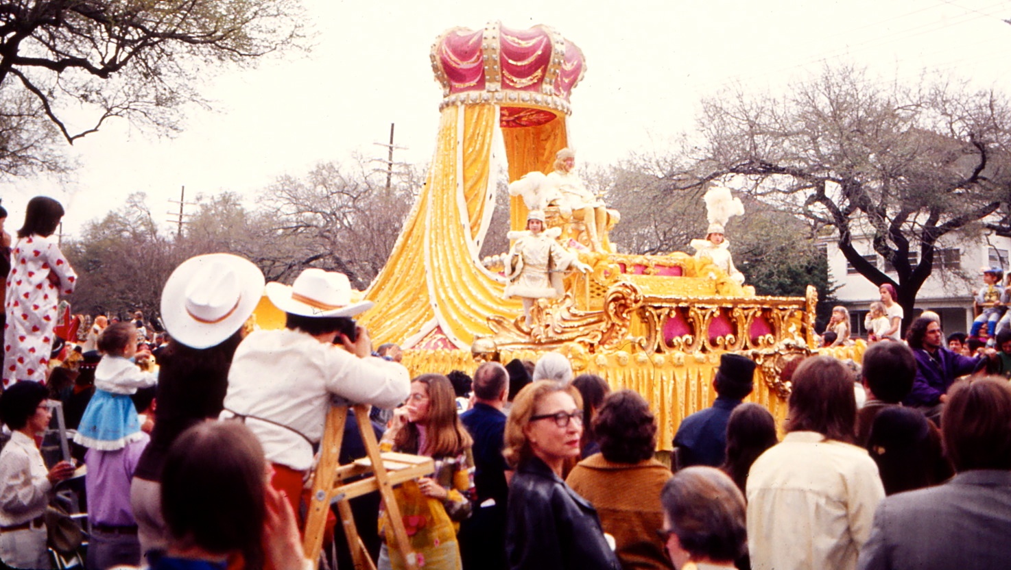 Vintage image of Mardi Gras Rex, a float with a crown on it, New Orleans, 6 March 1973; Photo by Barbara Spengler
