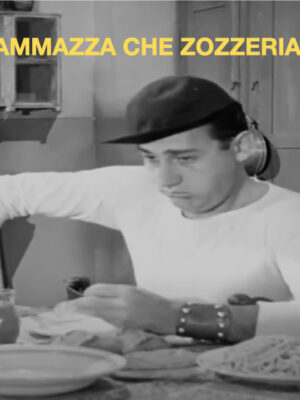 a vintage image of alberto sordi eating with text overlaid that reads "ammazza che zozzeria"