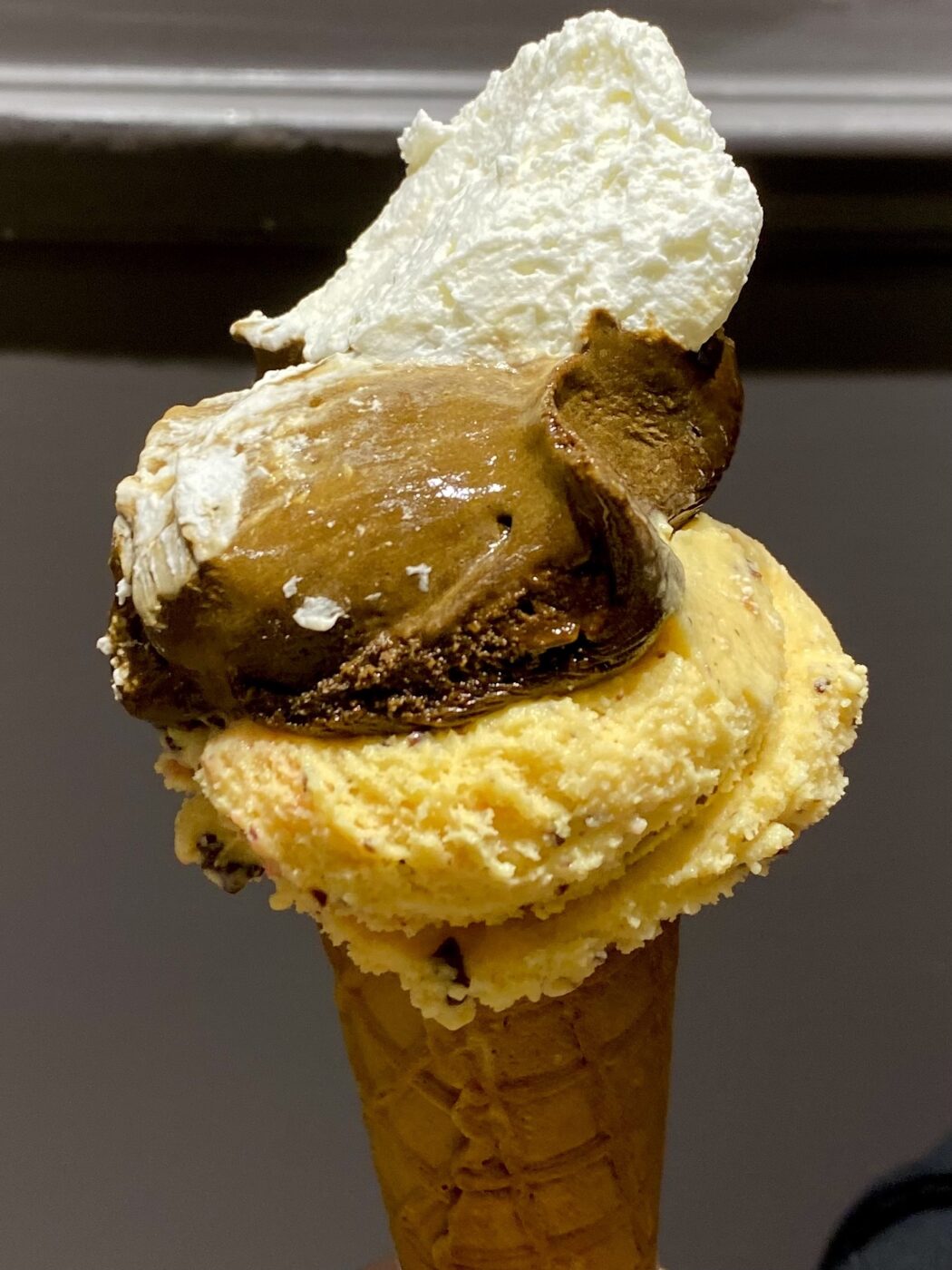 a cone with chocolate cactus pear and licorice gelato and whipped cream on top from otaleg